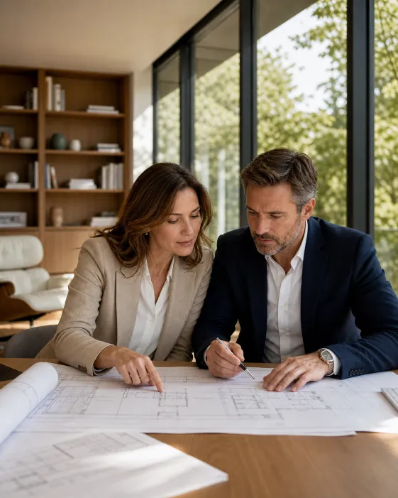 Executive couple reviewing architectural plans in a bright home office. Conceptual imagery — not an active listing.