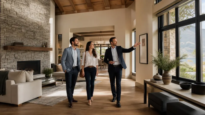 Couple touring a high-ceilinged luxury home with a real estate professional. Conceptual imagery — not an active listing.