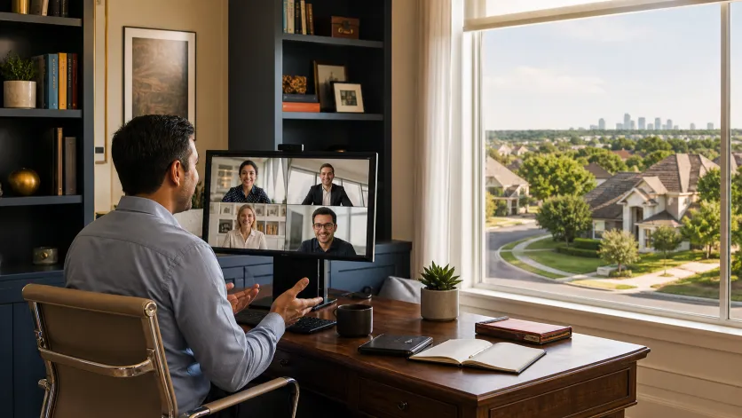 Professional joining a video meeting from a home office overlooking a Texas neighborhood. Conceptual imagery — not an active listing.